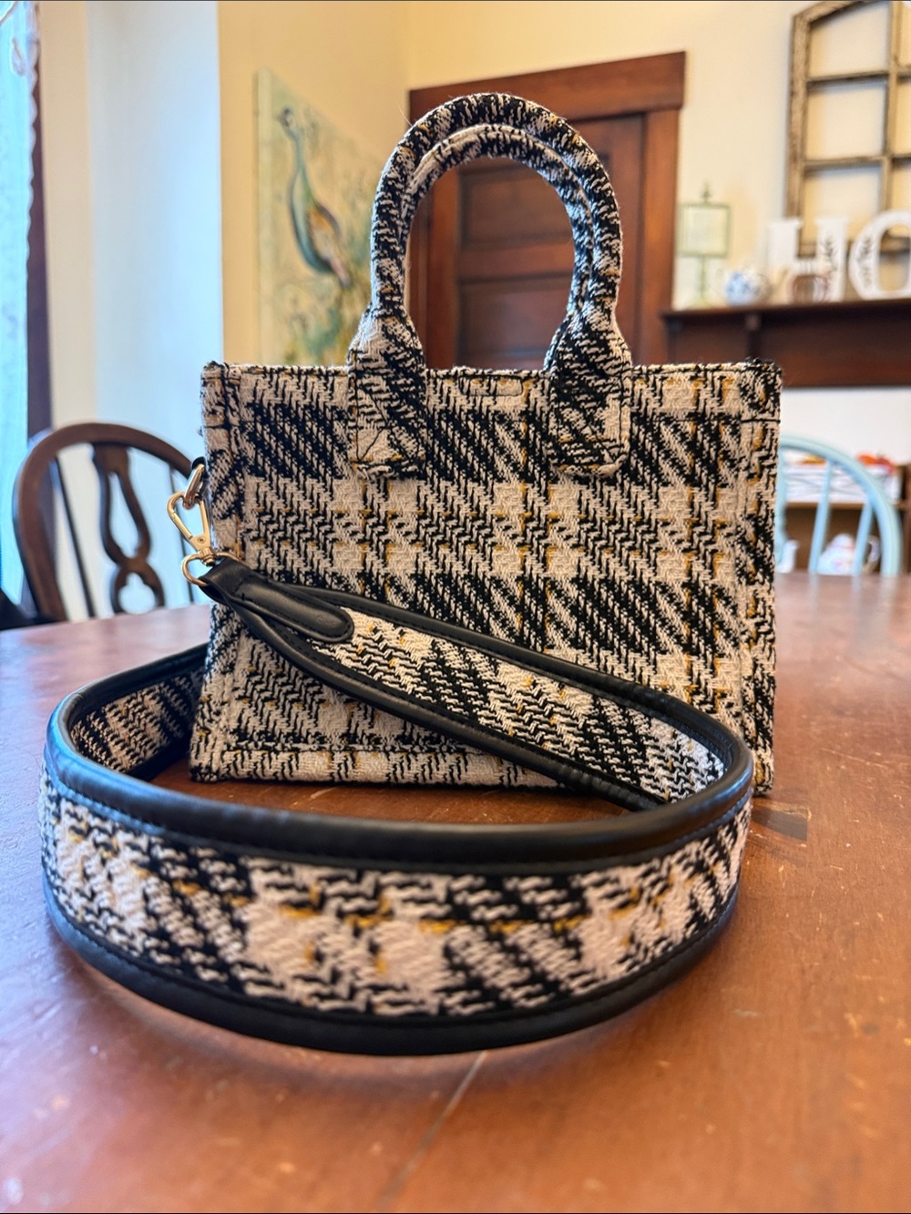 Urban Expressions Black, Cream & Gold Tweed Mini Tote with Detachable Strap